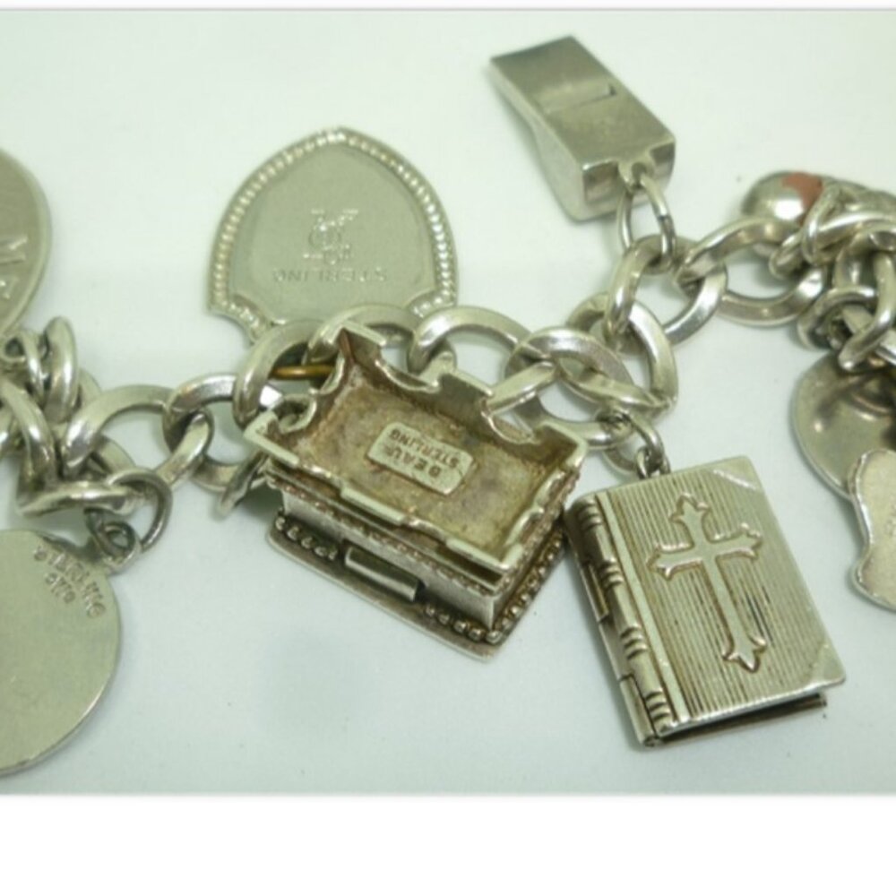UNIQUE STERLING TRAVEL CHARMS BRACELET BIBLE CROWN HOPE CHEST WORLD FAIR EIFEL - Picture 4 of 7